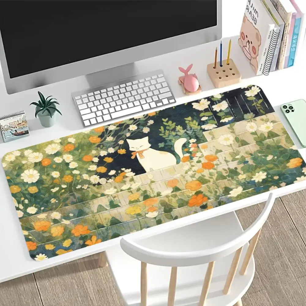 Cute Cat Floral XXL Extended Gaming Desk Mat - Non-Slip Rubber Base with Locking Edge Mouse Pad for Laptop, PC & Home Office