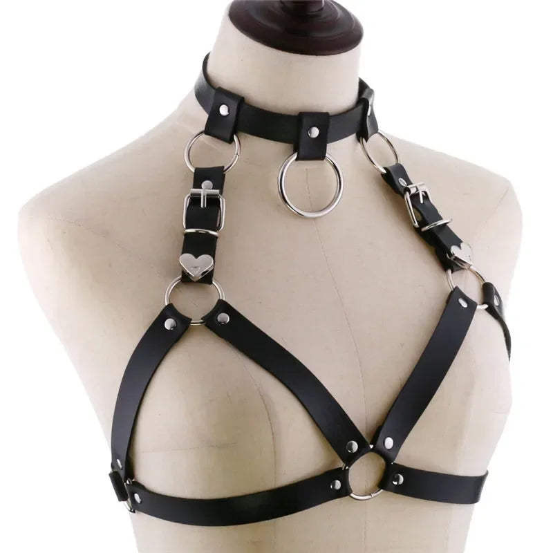 Black Goth Faux Leather Body Harness Chain Chest Belt Top for Punk Rave Festival
