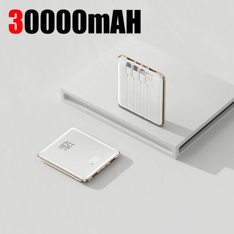 50000mAh Mini Power Bank - Large Capacity Fast Charging Portable Charger with 4 Built-In Cables (USB-C, Lightning, Micro USB) for Smartphones