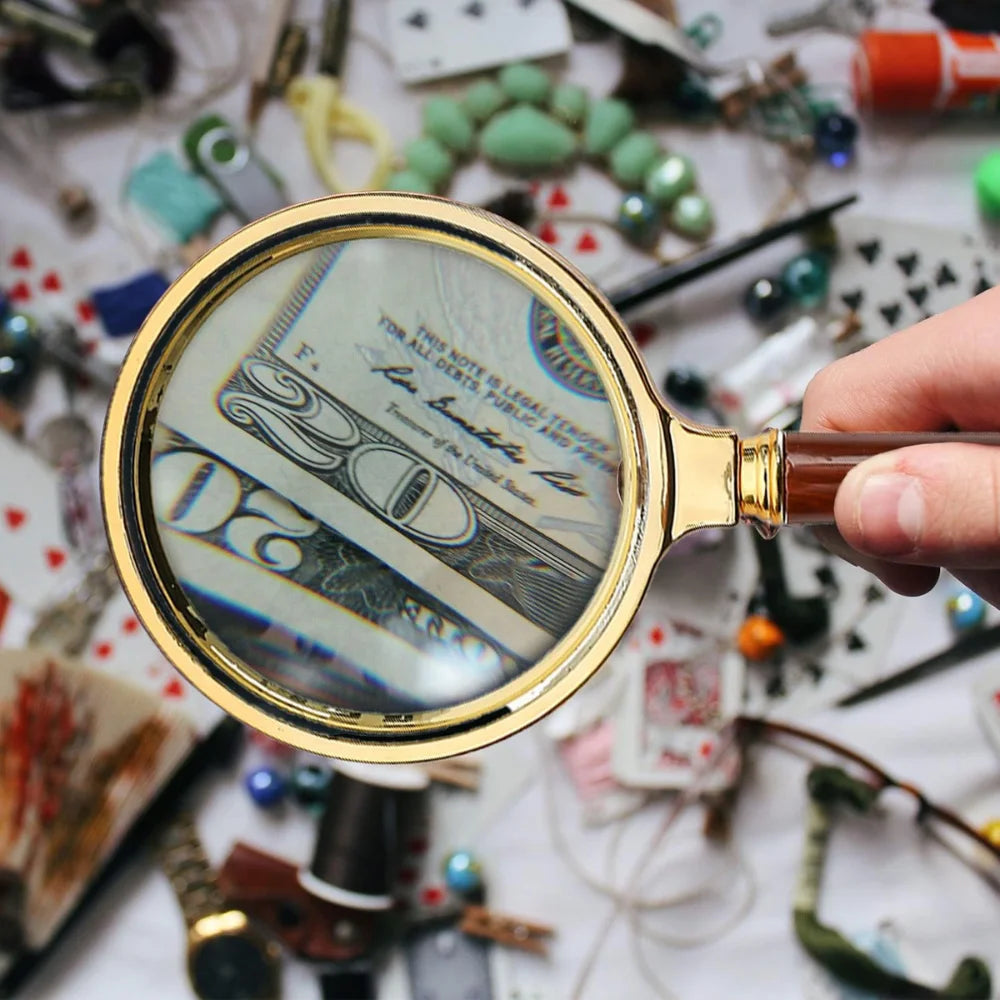 10x Handheld Magnifying Glass with Wooden Handle — 60/70mm (2.36/2.76 in) Lens for Reading, Jewelry and Repair