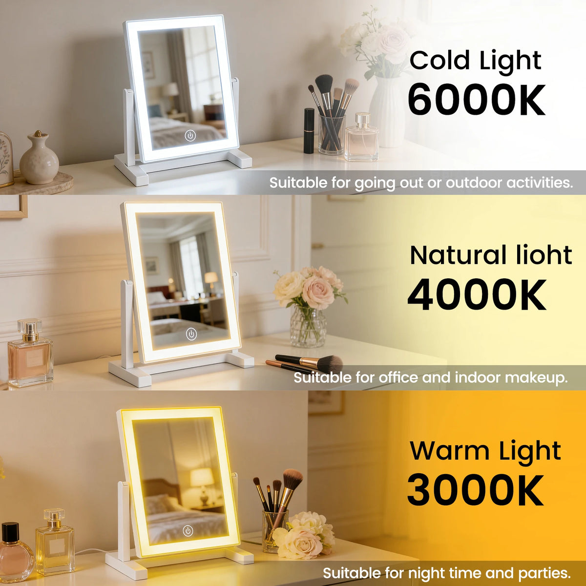 LED Vanity Makeup Mirror with 3-Color LED Lights, Touch Control & 360° Rotation