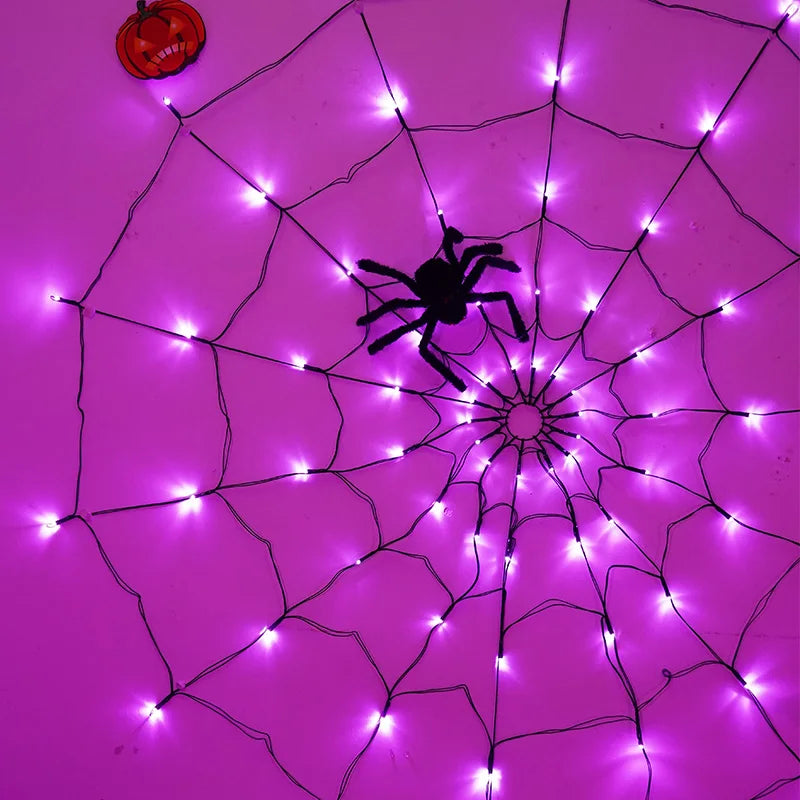Giant LED Spider Web String Lights with Plush Spider – Luminous Halloween Window & Haunted House Decor