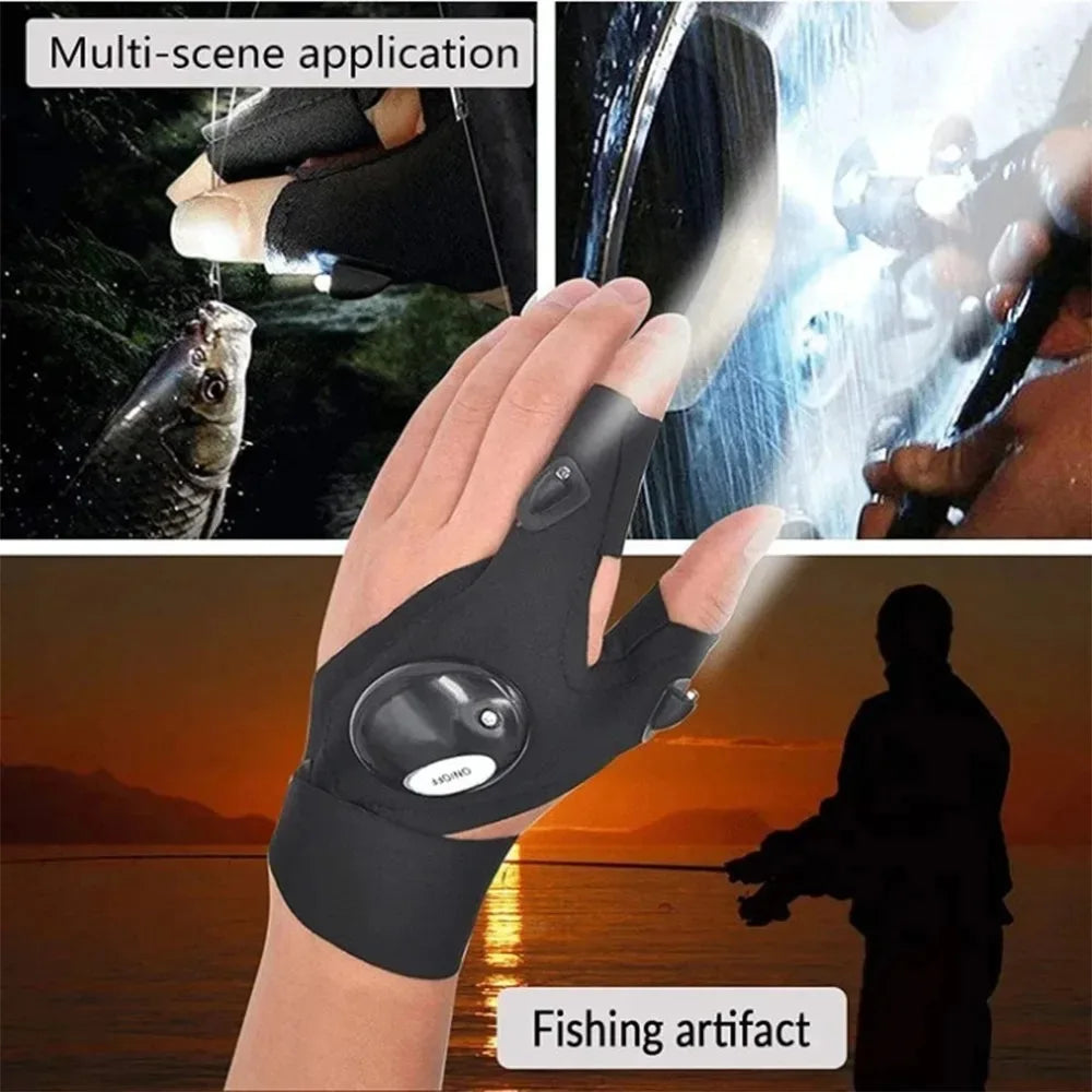 LED Fingerless Gloves with Built-In Finger Lights for Fishing & Cycling