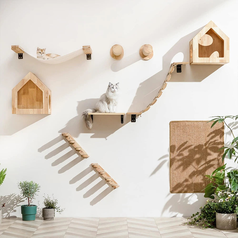 Wall-Mounted Cat Climbing Shelves with Steps, Scratching Post and Hideaway Bed