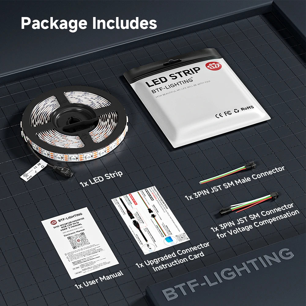 WS2812B Addressable RGB LED Strip Light DC 5V – Individually Programmable Smart Pixels, IP30/IP65/IP67, Black/White PCB