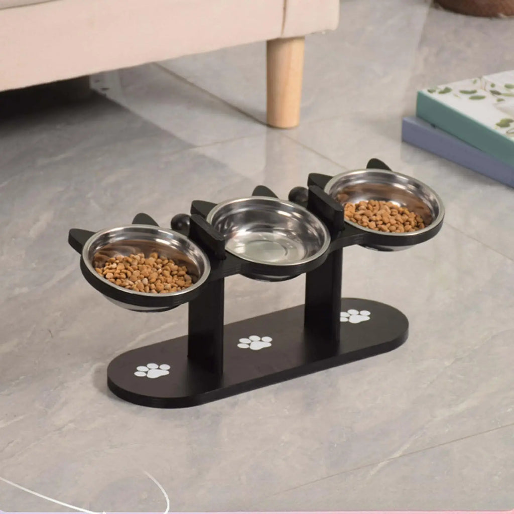 Elevated Stainless Steel Cat Bowl with Black Wooden Stand — 15° Tilted Pet Feeder