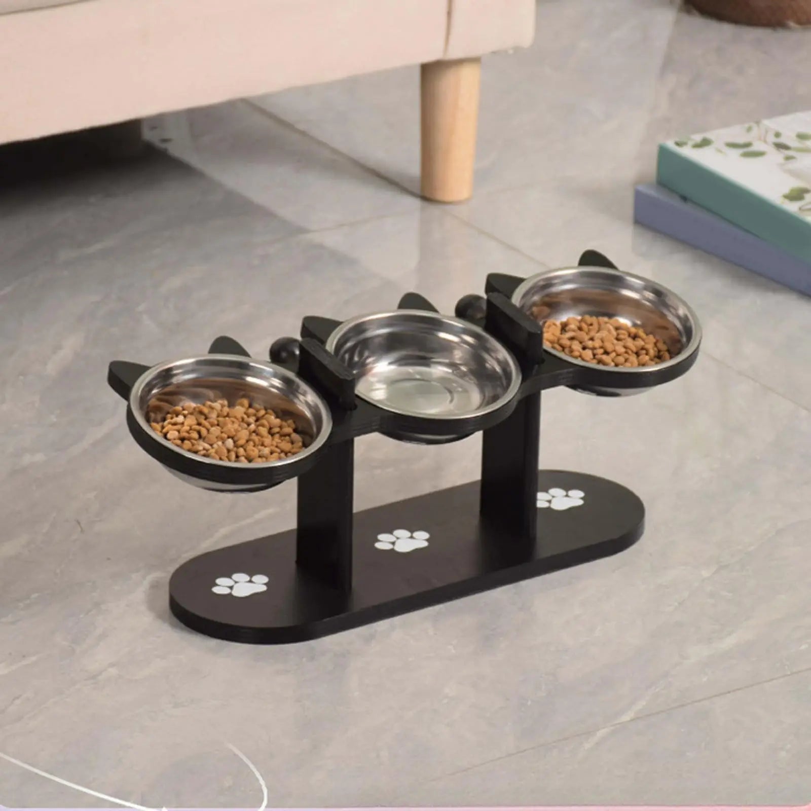 Elevated Stainless Steel Cat Bowl with Black Wooden Stand — 15° Tilted Pet Feeder