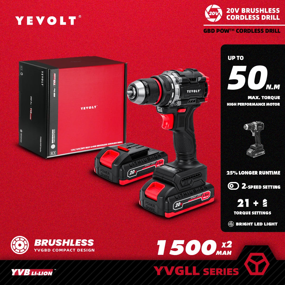 20V Brushless Cordless Drill Driver, Compact 21+1 Torque Keyless 3/8\" (0.8–10mm) Handheld Screwdriver with LED
