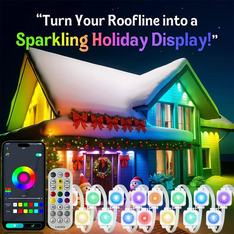 Smart RGBIC Eave String Lights – 15/30/60m (49/98/197ft) IP67 Outdoor LED Strip with App, 24-Key Remote & Voice Control | RGB Holiday & Patio DIY Lighting