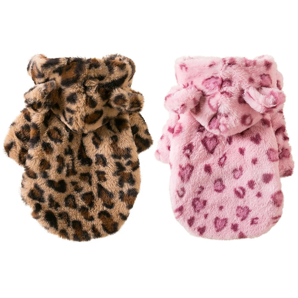Leopard Fleece Dog Hoodie Coat Jacket Warm Winter Clothes for Small Dogs French Bulldog Chihuahua