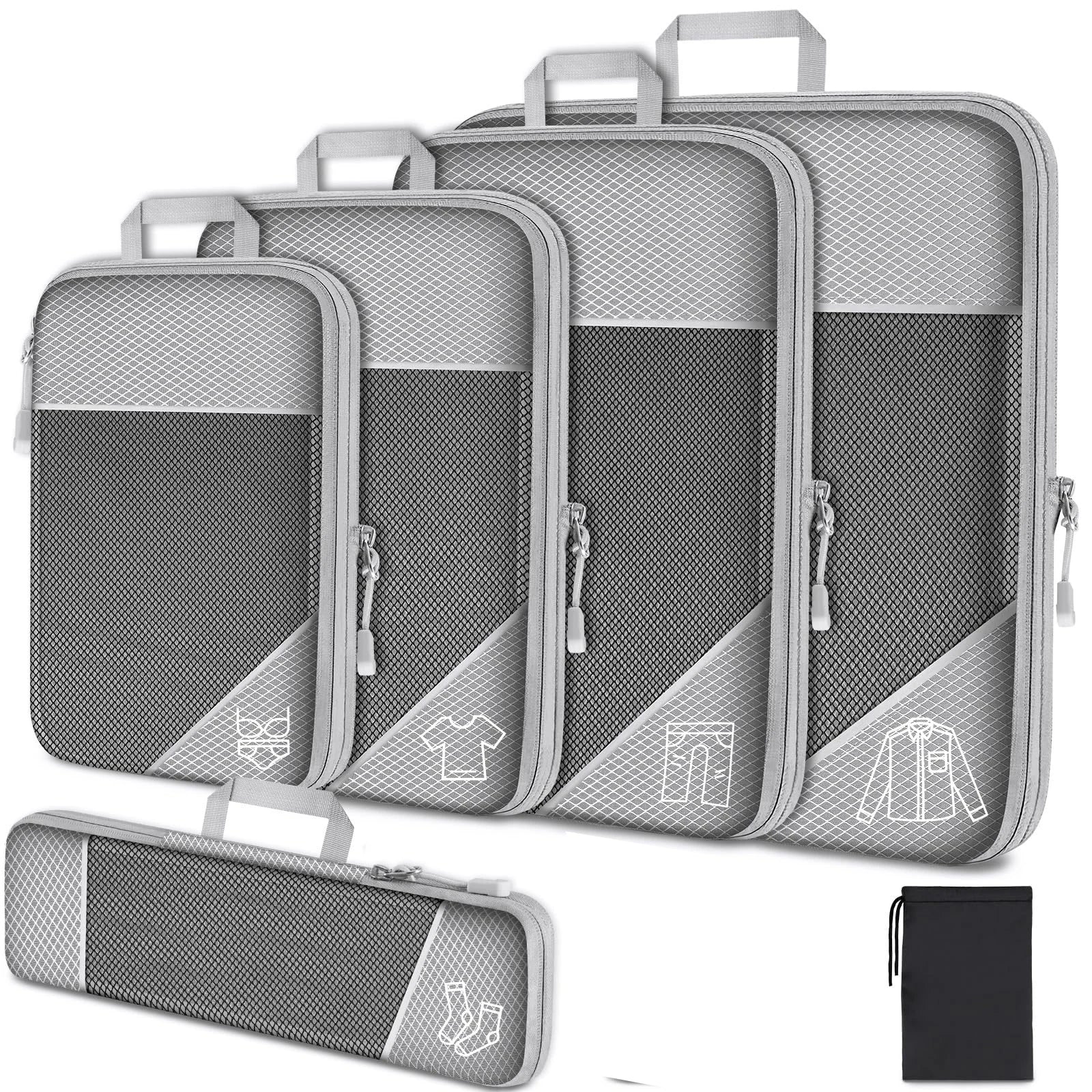 6-Piece Travel Compression Packing Cubes Set with Shoe Bag - Mesh Lightweight Luggage Organizers