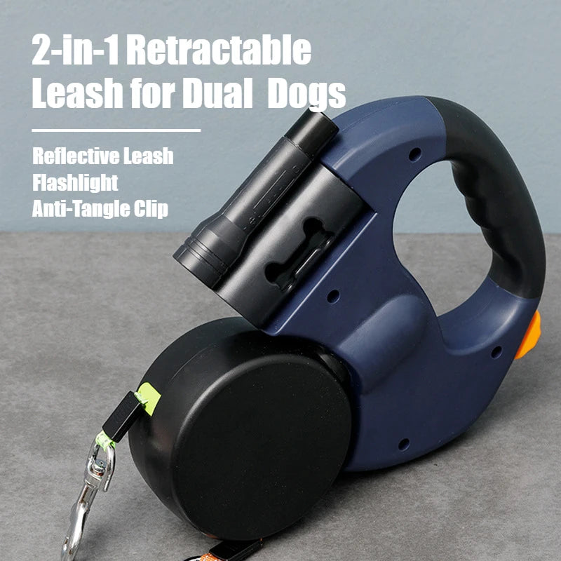 2-in-1 Retractable Dual-Lead Dog Leash & Harness Set for 2 Dogs — Anti-Tangle Reflective Leash with Built-In Light, 5–8 ft (1.5–2.5 m), for Small Dogs up to 22 lb (10 kg)