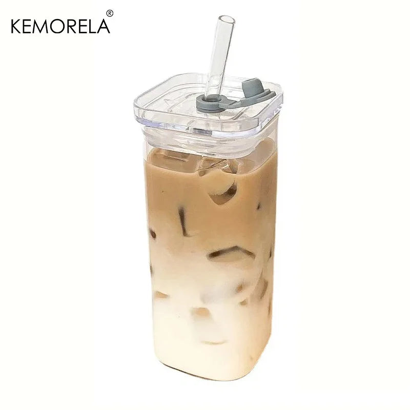 400ml (13.5 oz) Square Glass Mug with Lid and Straw — Microwave Safe Coffee, Milk & Party Drinkware