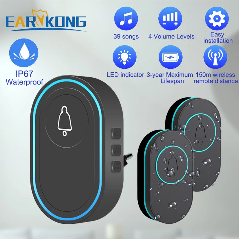 Smart Wireless Doorbell Waterproof Long Range 300m (984 ft) Remote Chime - Plug-in Options EU/UK/US, 39 Melodies