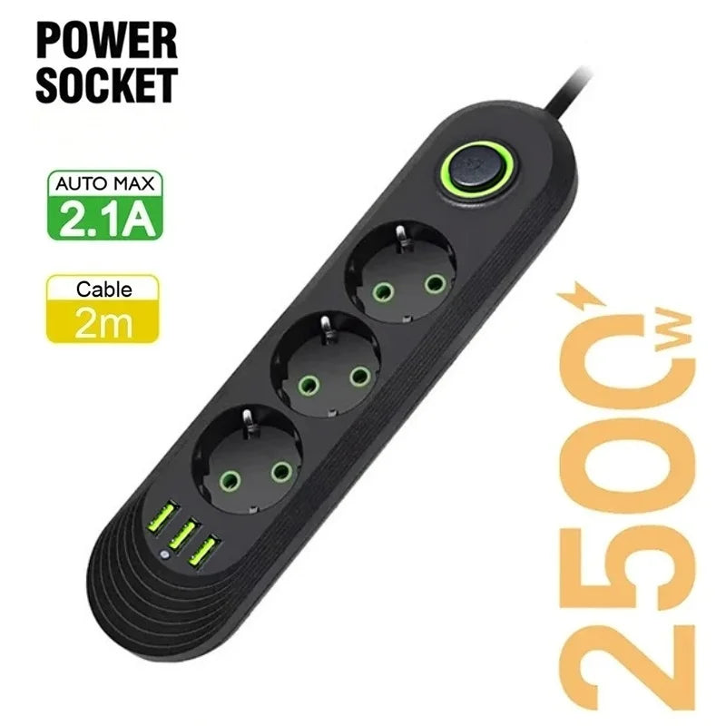 2500W EU Power Strip — 5-Outlet Extension Cord with 3 USB Ports, 2.0m (6.6ft) Cable, Overload Protection