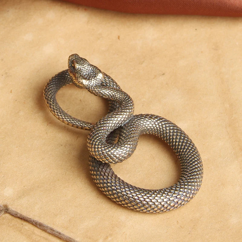 Retro Copper Snake Boa Mini Figurine Brass Tea Pet - 52 x 29.5 mm (2.05 x 1.16 in) Desk & Living Room Ornament