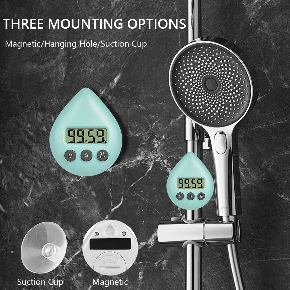 Waterproof Digital Shower & Kitchen Timer with Magnetic Backing, Suction Cup and Wall Mount - Countdown/Count-Up