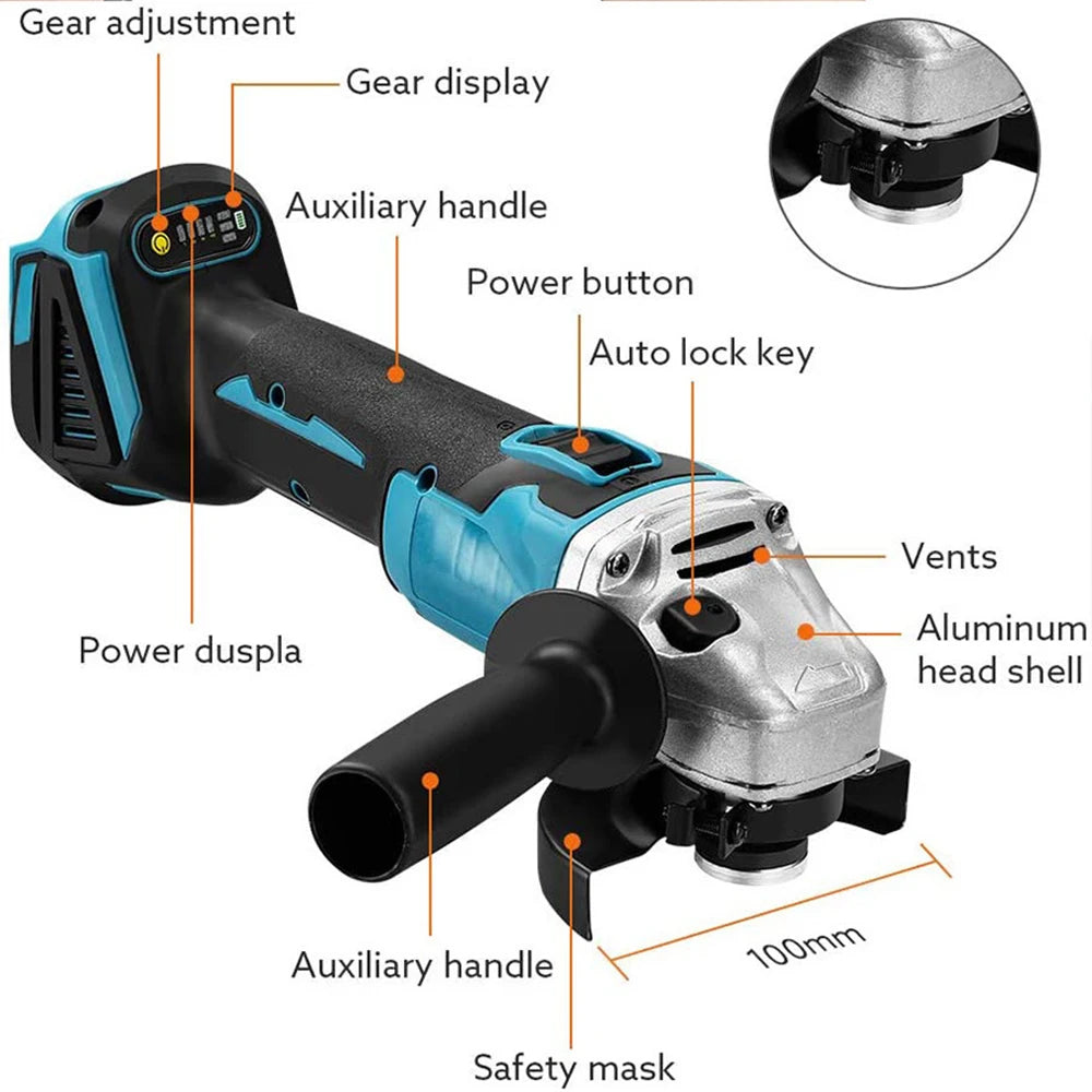 125mm (5 in) Brushless 18V Cordless Angle Grinder + 1/2 in Impact Wrench Combo Kit - 2x 15000mAh Batteries, Charger, LED