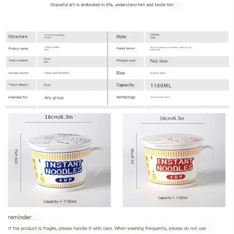 Large Ceramic Noodle Bowl with Lid - Keeps Noodles Warm | Ramen & Soup Bowl for Dorms and Home Kitchens