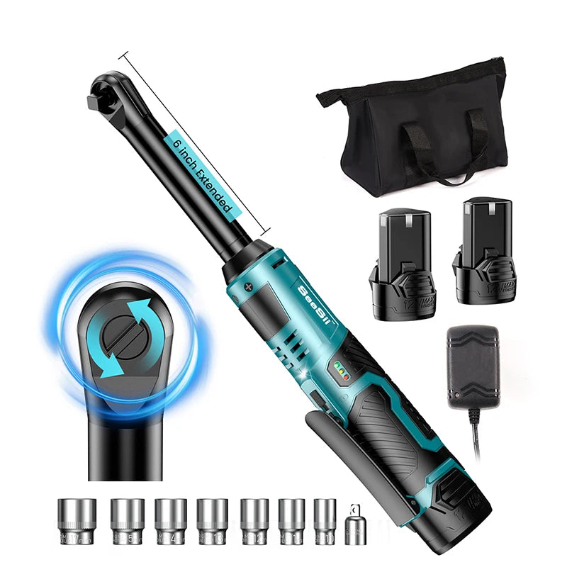 6 in (152 mm) Extended Cordless Electric Ratchet Wrench 3/8 in (9.5 mm) Drive 12V 55 Nm Variable Speed LED with 2×2000mAh Batteries