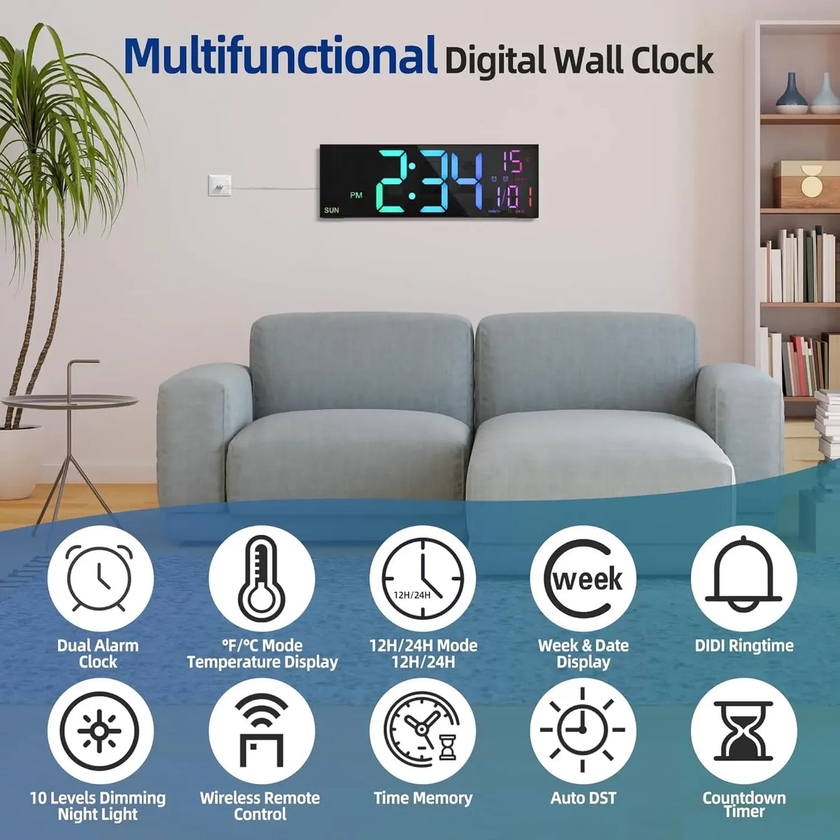 16.2 in (41 cm) Large LED Digital Wall Clock with Remote, Dual Alarm, RGB Night Light, Jumbo 4.5 in Digits