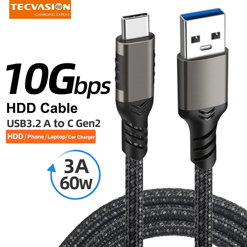 USB 3.2 Gen2 10Gbps USB-A to USB-C Fast Charging Data Cable, 3A 60W QC3.0, Braided 2 m (6.6 ft)
