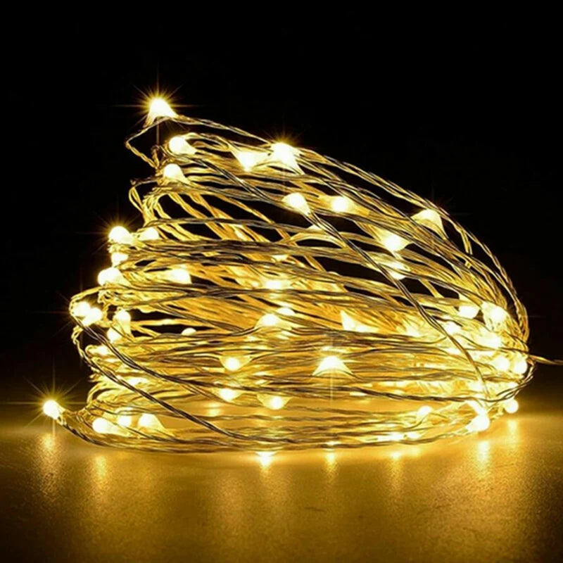 1-Pack Fairy LED Copper Wire String Lights — Battery Powered, 1/2/3/5/10M (3.3/6.6/9.8/16.4/32.8 ft) for Bedroom, Garden, Party and Wedding Decor