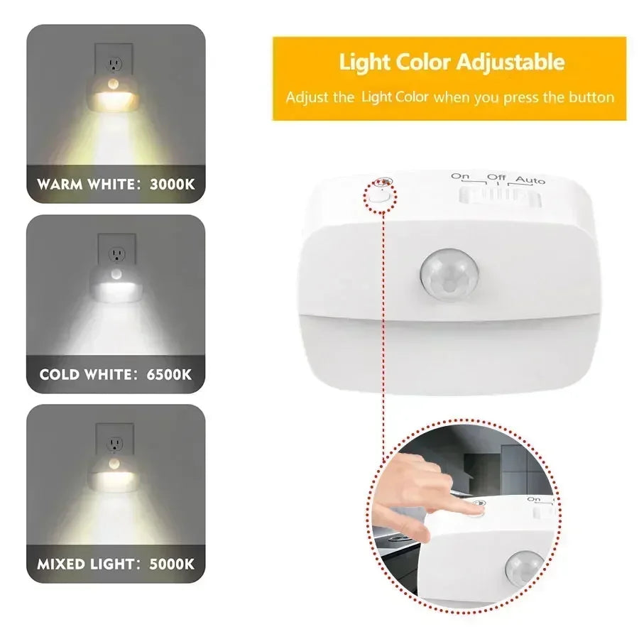 Plug-In PIR Motion Sensor LED Night Light — 3 Color Temperatures & Dimmable for Bedroom, Bathroom, Hallway, Stairs
