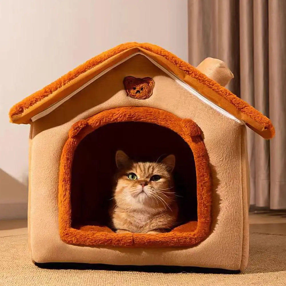 Thick Plush Semi-Enclosed Cat & Small Dog House Bed 13 x 11.8 x 12.6 in (33 x 30 x 32 cm) Removable Washable Cushion Non-Slip Base