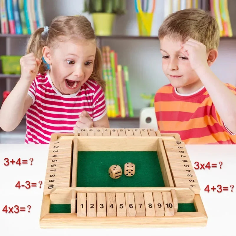 Shut the Box Wooden Dice Game with Flaps — 4-Player Family Educational Math Board Game