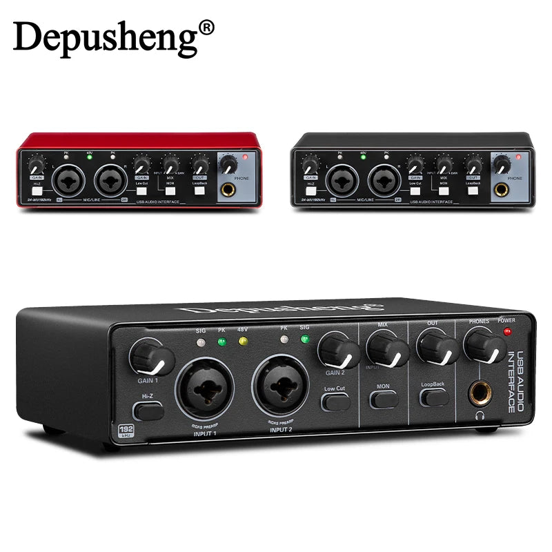 USB Audio Interface 2-In/2-Out with 48V Phantom Power — Low-Latency Recording & Live Monitoring for Guitar, Vocals, Podcasting