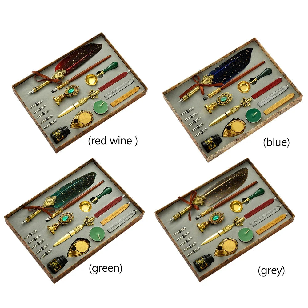 Retro Feather Dip Pen Calligraphy Set with Ink, 5 Nibs & Wax Seal Kit – Quill Writing Set for Stationery, Crafts & Gifts