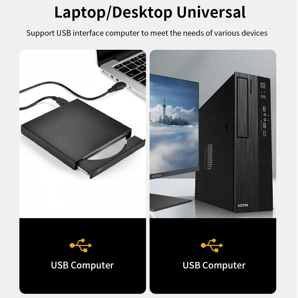 External USB 2.0 CD/DVD Optical Drive - Portable CD/DVD Reader for MacBook, Laptop & Desktop