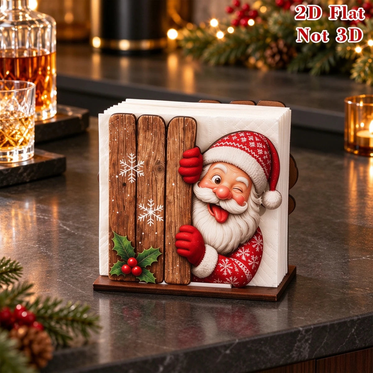 Santa Claus Wooden Napkin Holder - Holiday Tabletop Napkin & Tissue Holder, Christmas Dining Decor