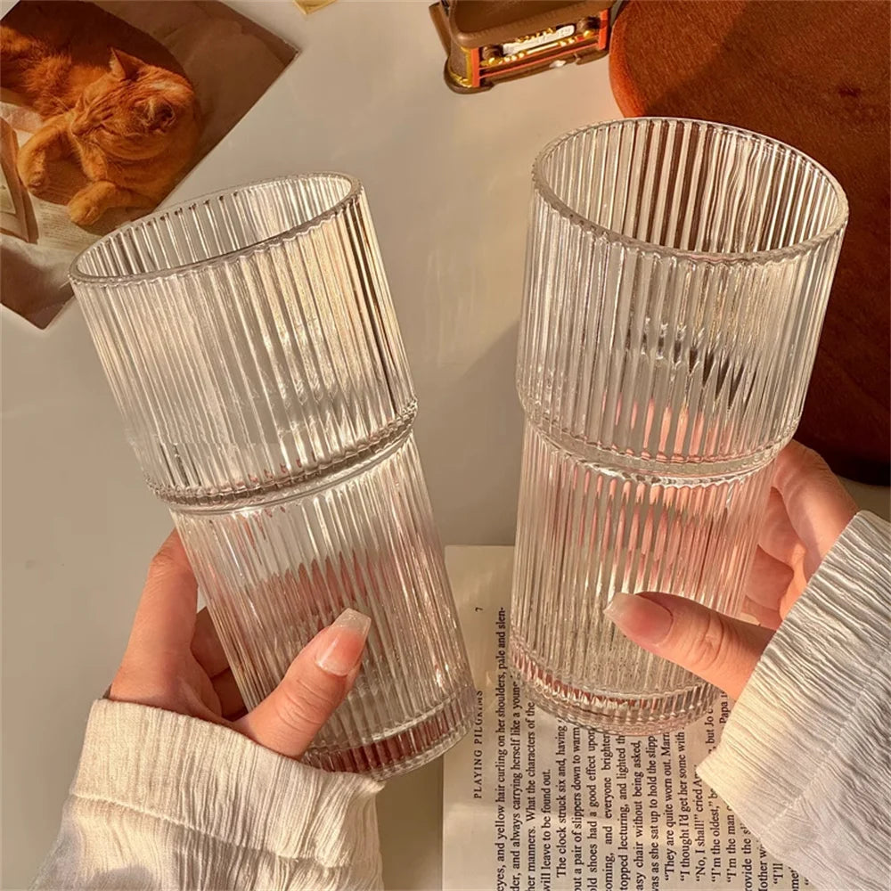 600ml (20 oz) Striped Glass Tumbler with Lid & Straw - Clear Drinking Cup for Juice, Water & Iced Coffee (Single or 2-Pack)