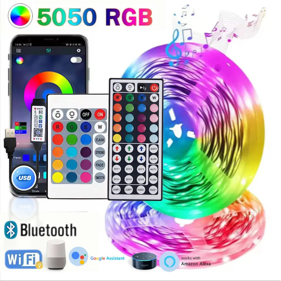 5V USB RGB LED Strip Light – Adhesive RGB Tape with Remote, WiFi & Bluetooth Controllers, Lengths 1m–30m (3.3ft–98.4ft)