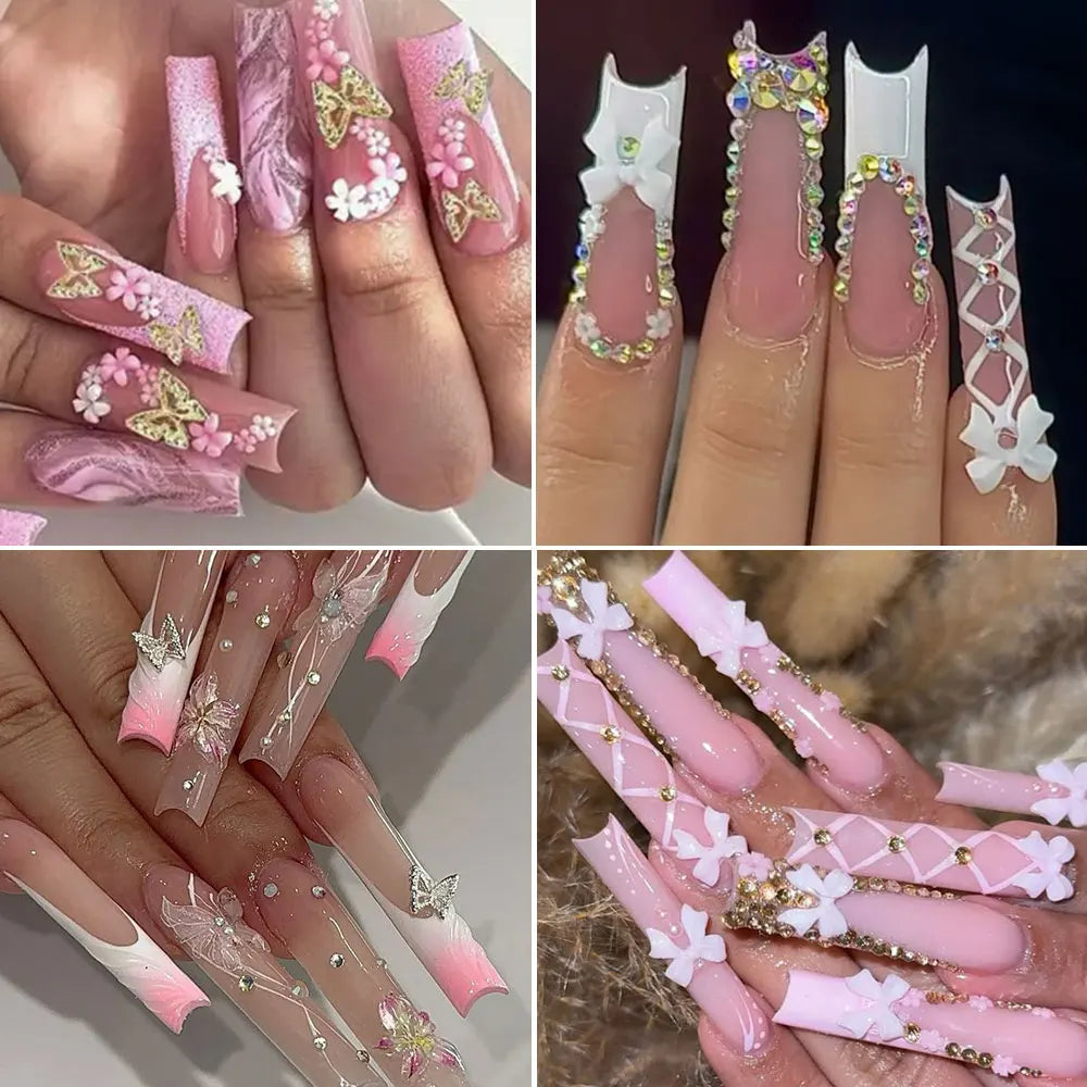 12-Grid Pink & White Nail Art Charms Set – Bows, Pearls, Rhinestones & Butterflies for DIY Manicure