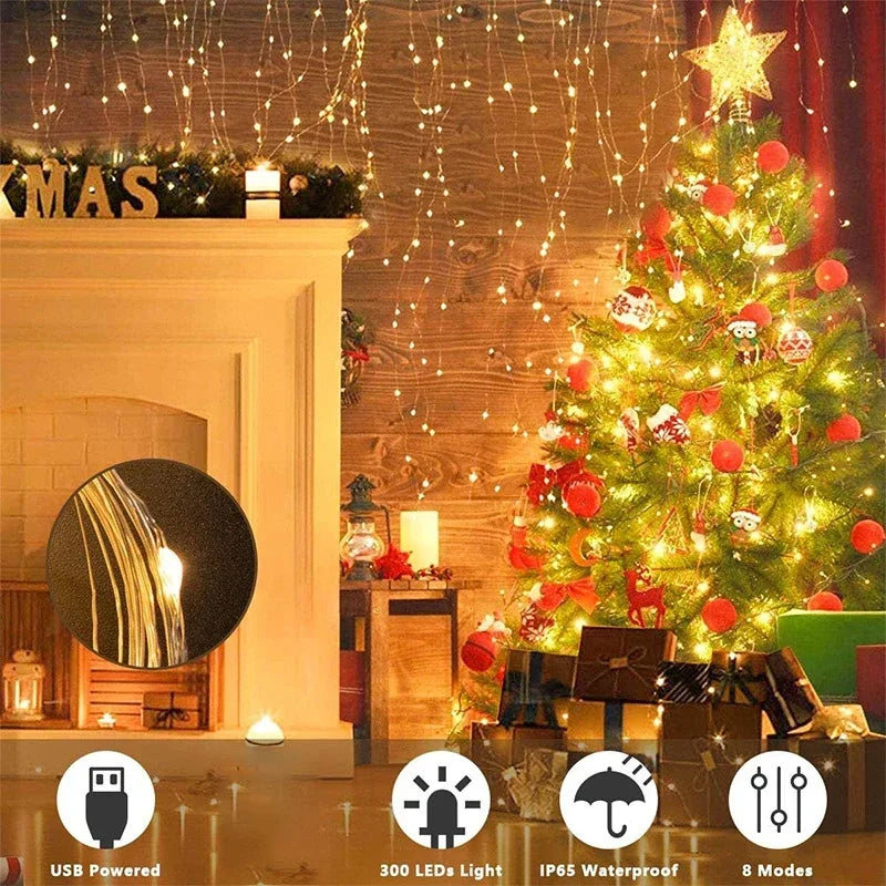 3 x 3m (9.8 x 9.8 ft) LED Curtain String Lights — 300 LED USB Remote, 8 Modes, IP65 Waterproof Fairy Lights for Home Wedding Christmas Party