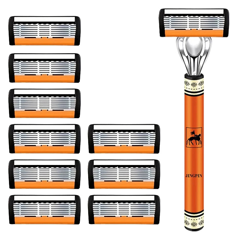 6-Layer Stainless Steel Safety Razor Set for Men - Replaceable Blade Head, Manual Shaving