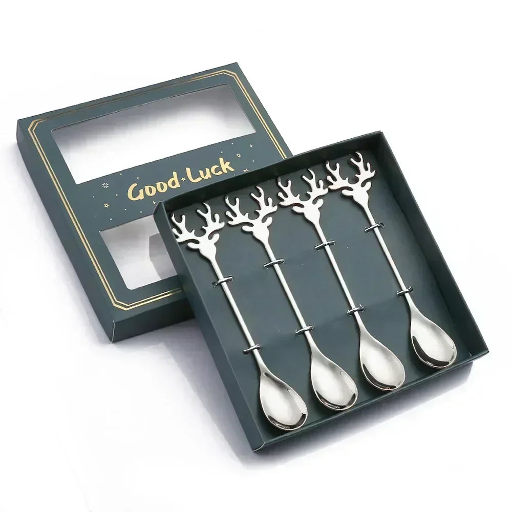 4-Piece Stainless Steel Christmas Cutlery Set – Spoon & Fork Holiday Table Decor with Elk & Tree Ornaments