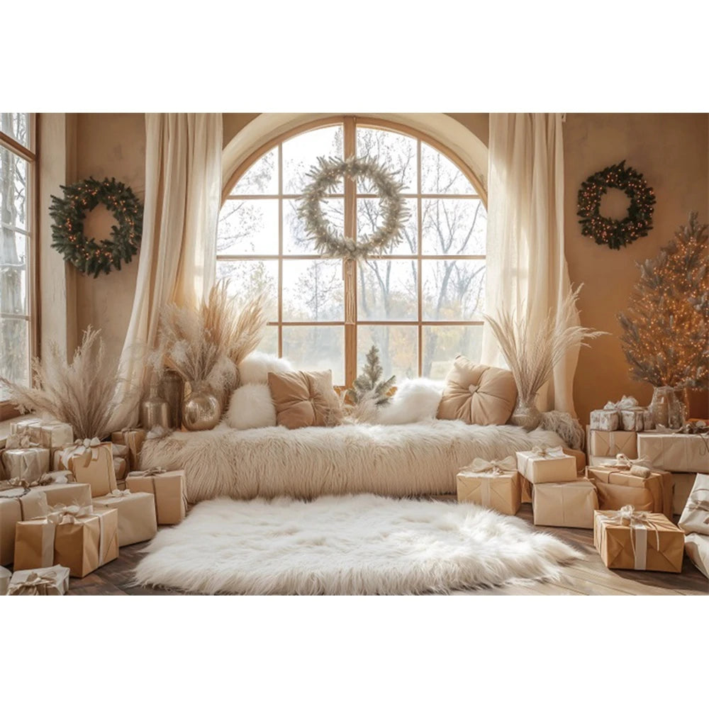 Christmas Fireplace Photography Backdrop — Gingerbread House & Wooden Window Holiday Photo Background for Kids & Family