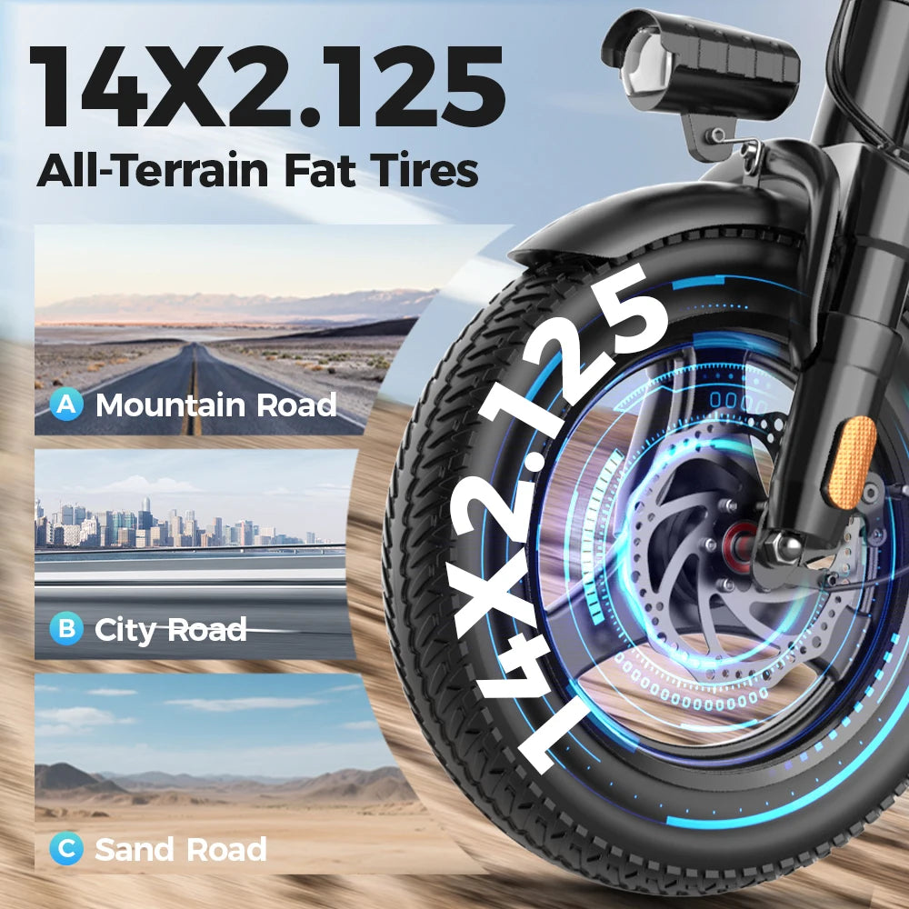 Compact Folding Electric City E-Bike 250W 48V, 14-Inch Wheel, 31-60 km Range, Brushless Motor