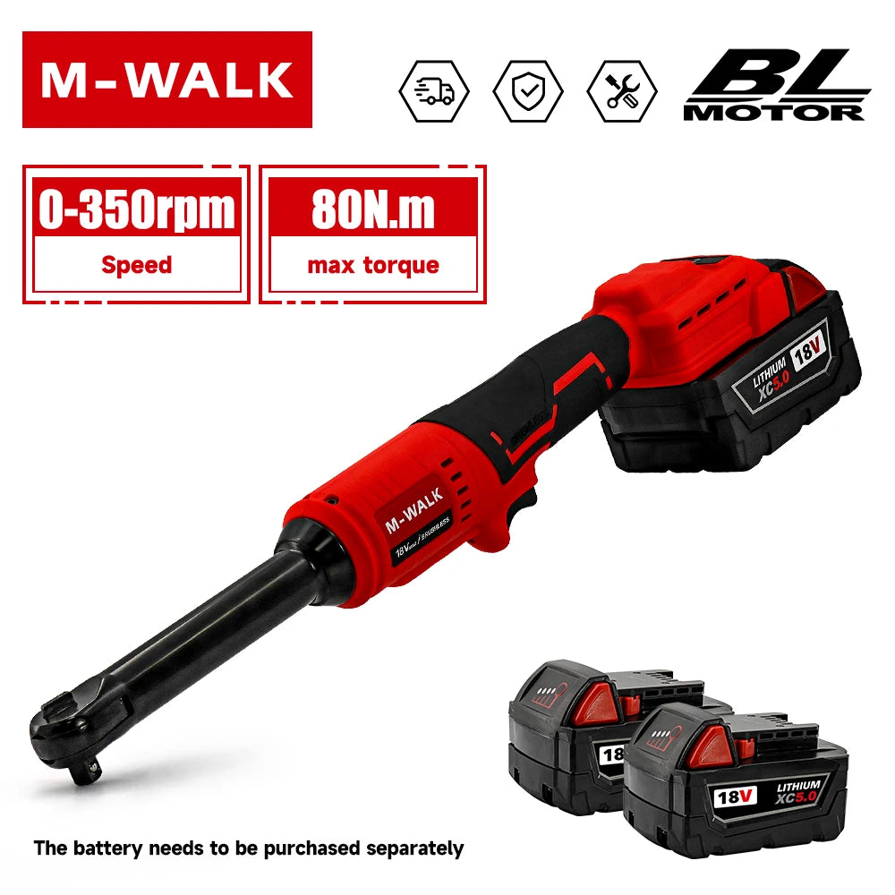 Extended Electric Ratchet Wrench 3/8" Drive 18V Brushless High Torque 80 N·m (0–85 ft·lb) Cordless