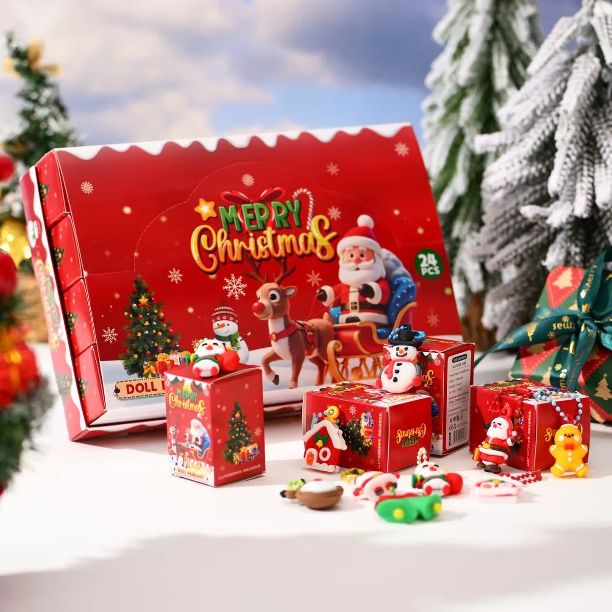 24-Pack Christmas Blind Box Advent Calendar Pendants Santa Snowman Reindeer Ornaments Party Favors