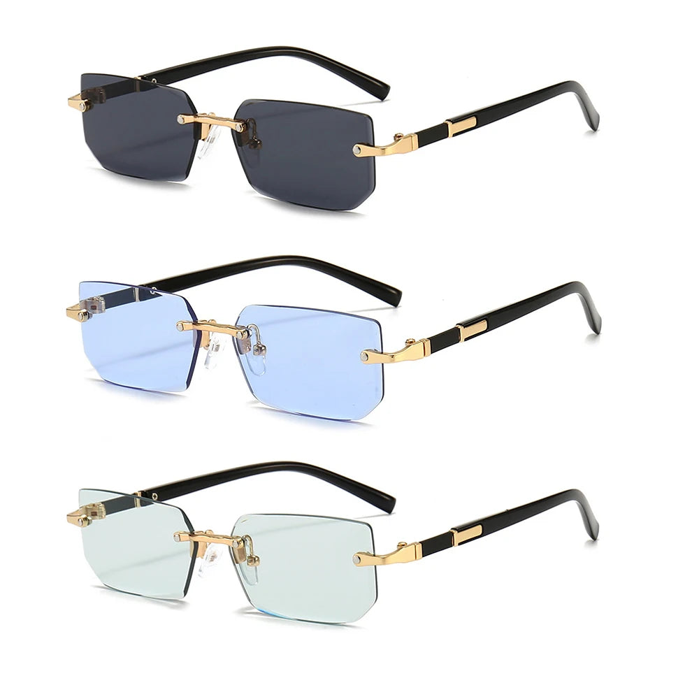 Rimless Rectangle Sunglasses for Women and Men - Small Square Mirrored Summer Travel Shades