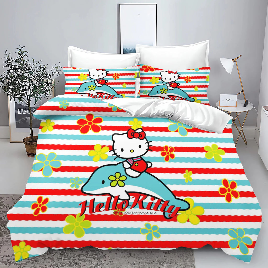 Hello Kitty Kids Bedding Set – 3-Piece Quilt Cover & 2 Pillowcases, 100% Polyester, Printed Cartoon, Multiple Sizes (Twin to King)