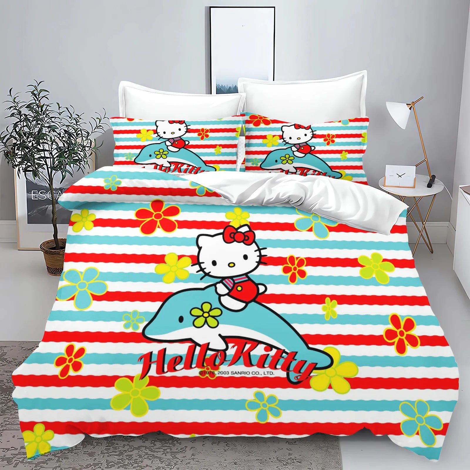 Hello Kitty Kids Bedding Set – 3-Piece Quilt Cover & 2 Pillowcases, 100% Polyester, Printed Cartoon, Multiple Sizes (Twin to King)