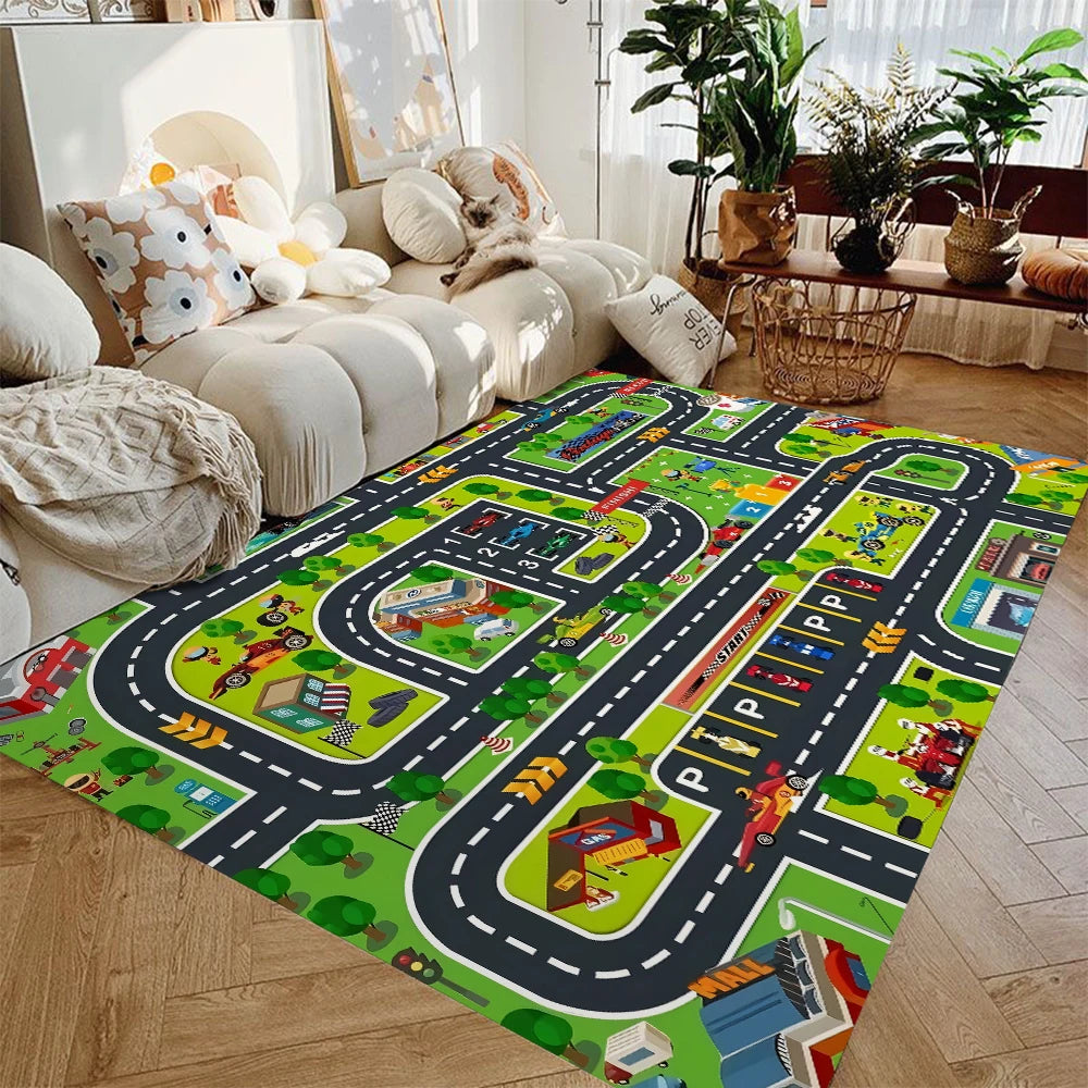 Kids Traffic Play Mat Rug — Non-Slip Highway Car Playmat for Boys & Girls, Flannel Play Rug for Playroom (40x60–120x160 cm / 16x24–47x63 in)