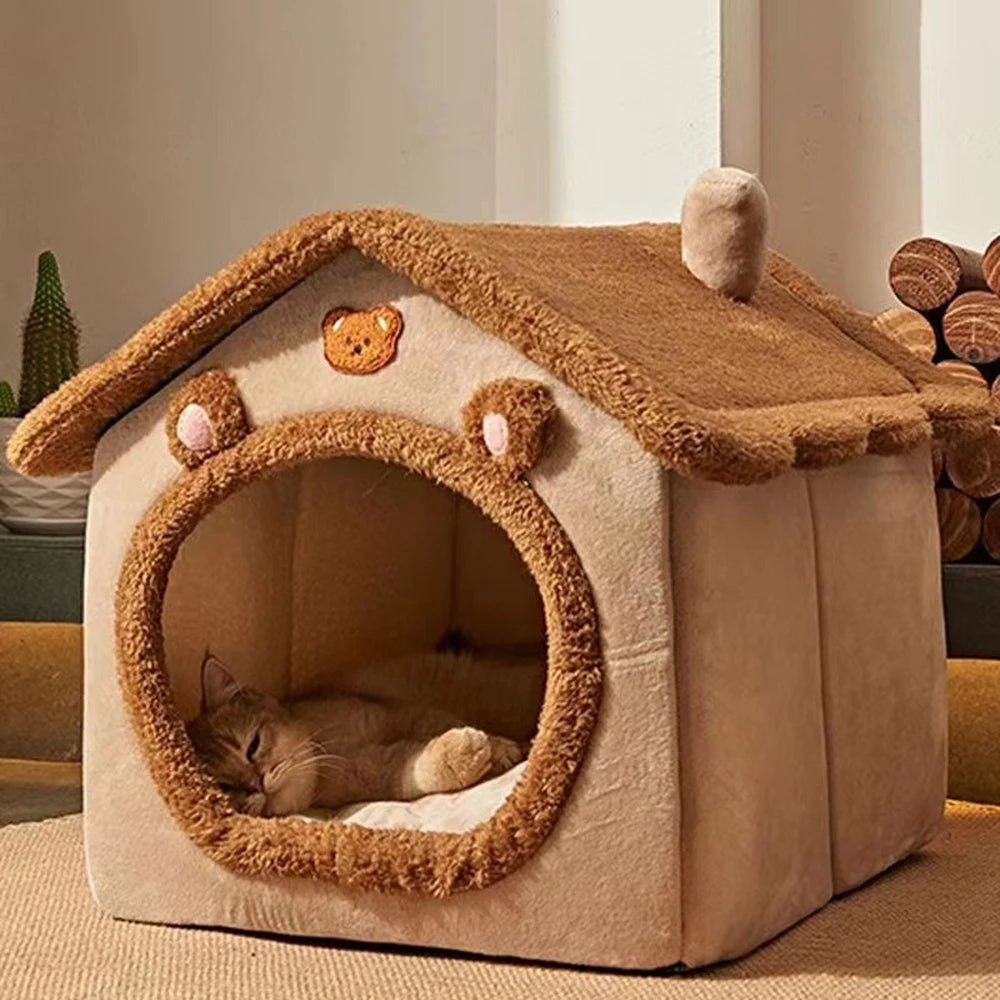Teddy Bear Plush Enclosed Pet Bed – Cozy Cat & Small Dog Nest, Brown