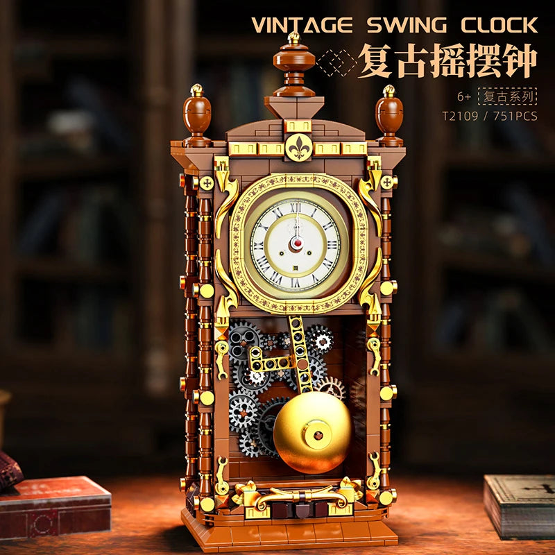 Swinging Retro Mechanical Pendulum Clock Building Blocks 751-Piece 3D Model Kit for Adults Home Decor Gift